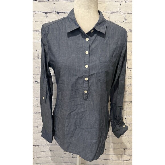 Per Se Denim Cotton Shirt Long Sleeve Button-Up Roll Tab Sleeve Women’s Medium - Picture 1 of 5